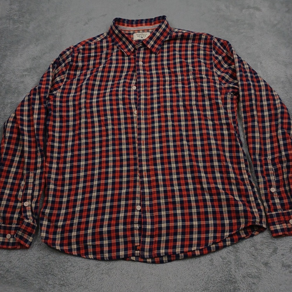 Normal Brand Shirt Mens Large Orange PLaid Button Up Flannel Preppy Casual‎
